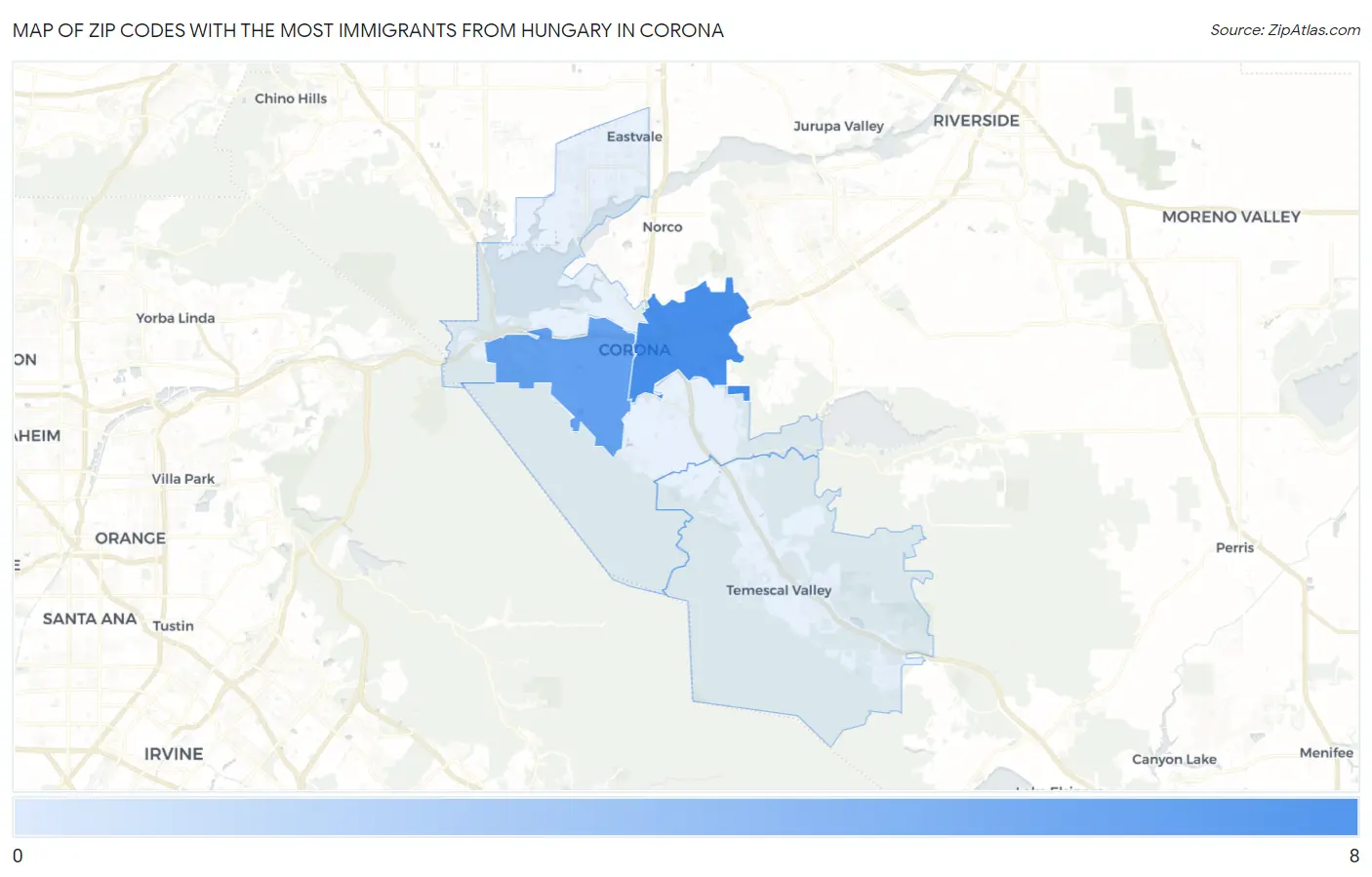 Zip Codes with the Most Immigrants from Hungary in Corona Map