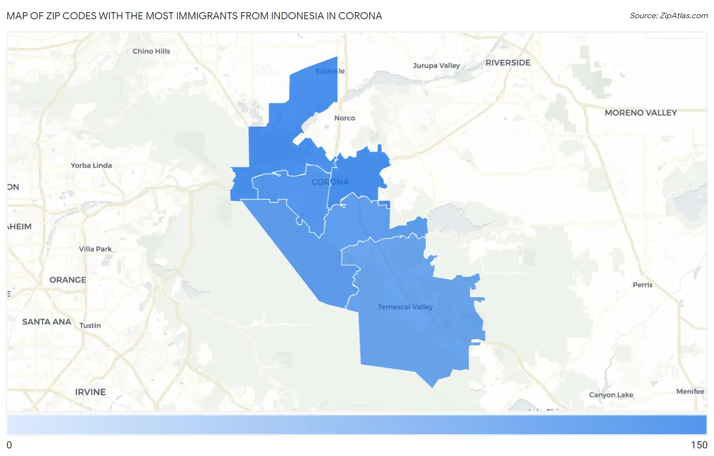 Zip Codes with the Most Immigrants from Indonesia in Corona Map