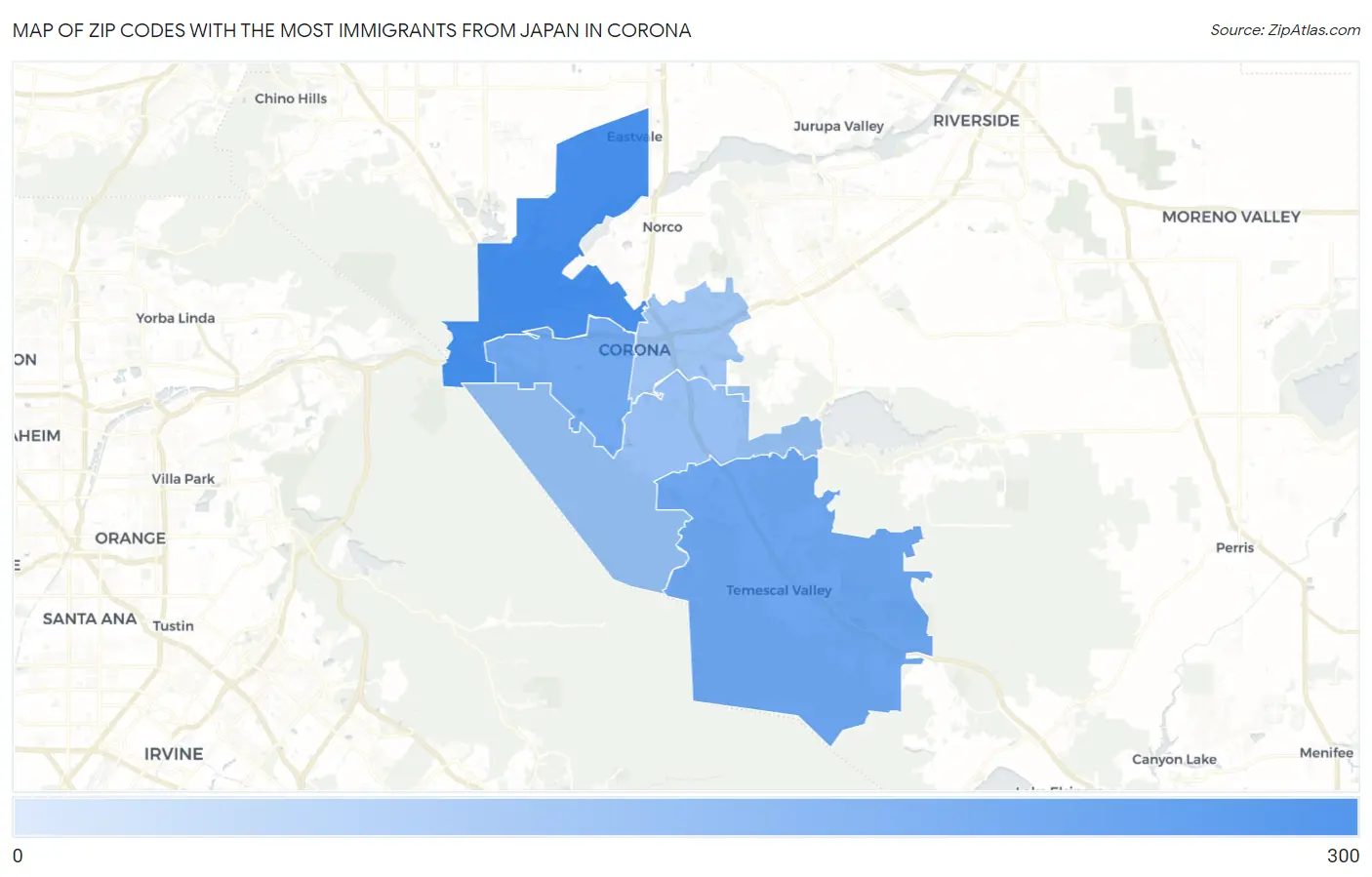 Zip Codes with the Most Immigrants from Japan in Corona Map