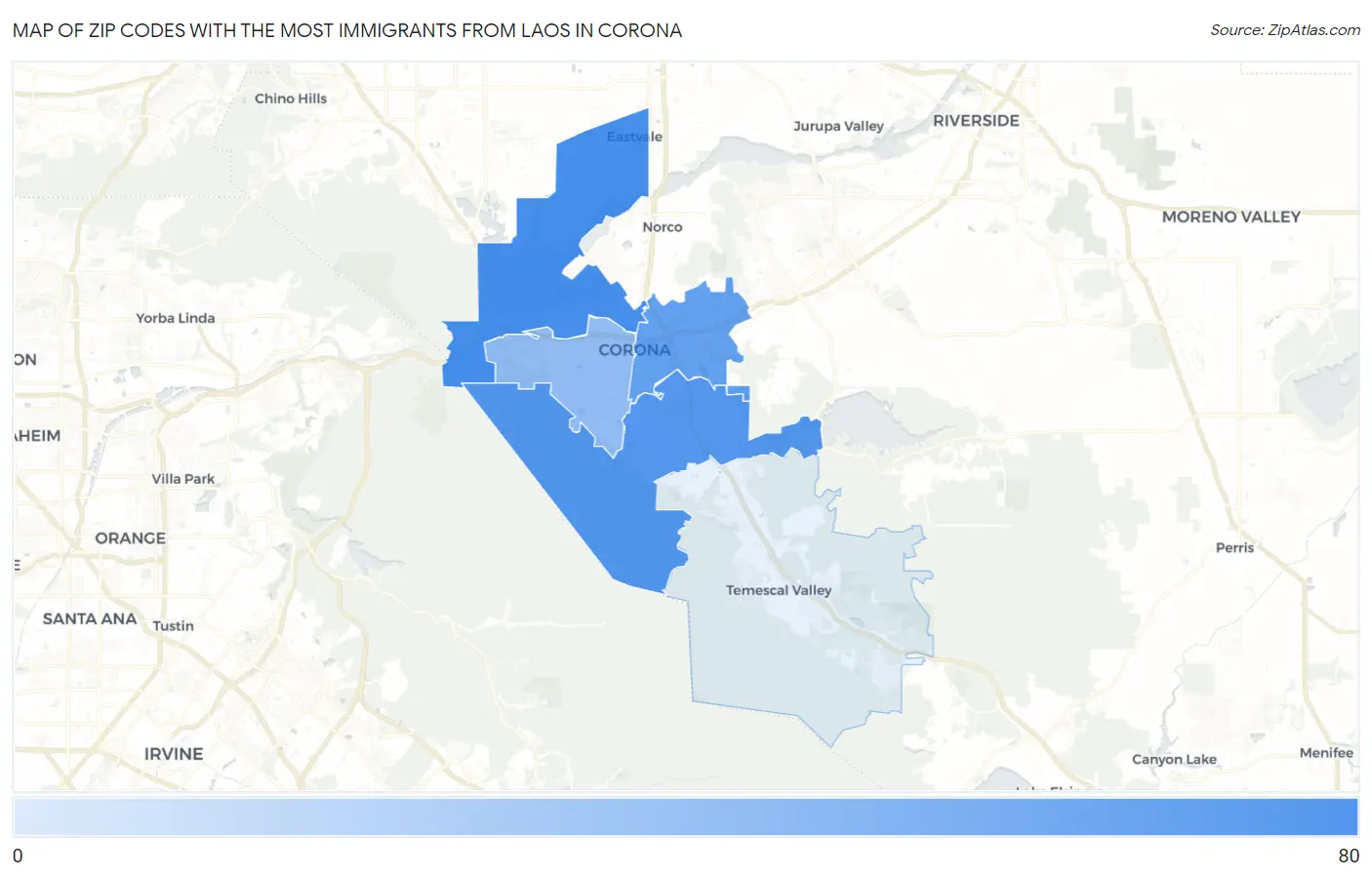 Zip Codes with the Most Immigrants from Laos in Corona Map