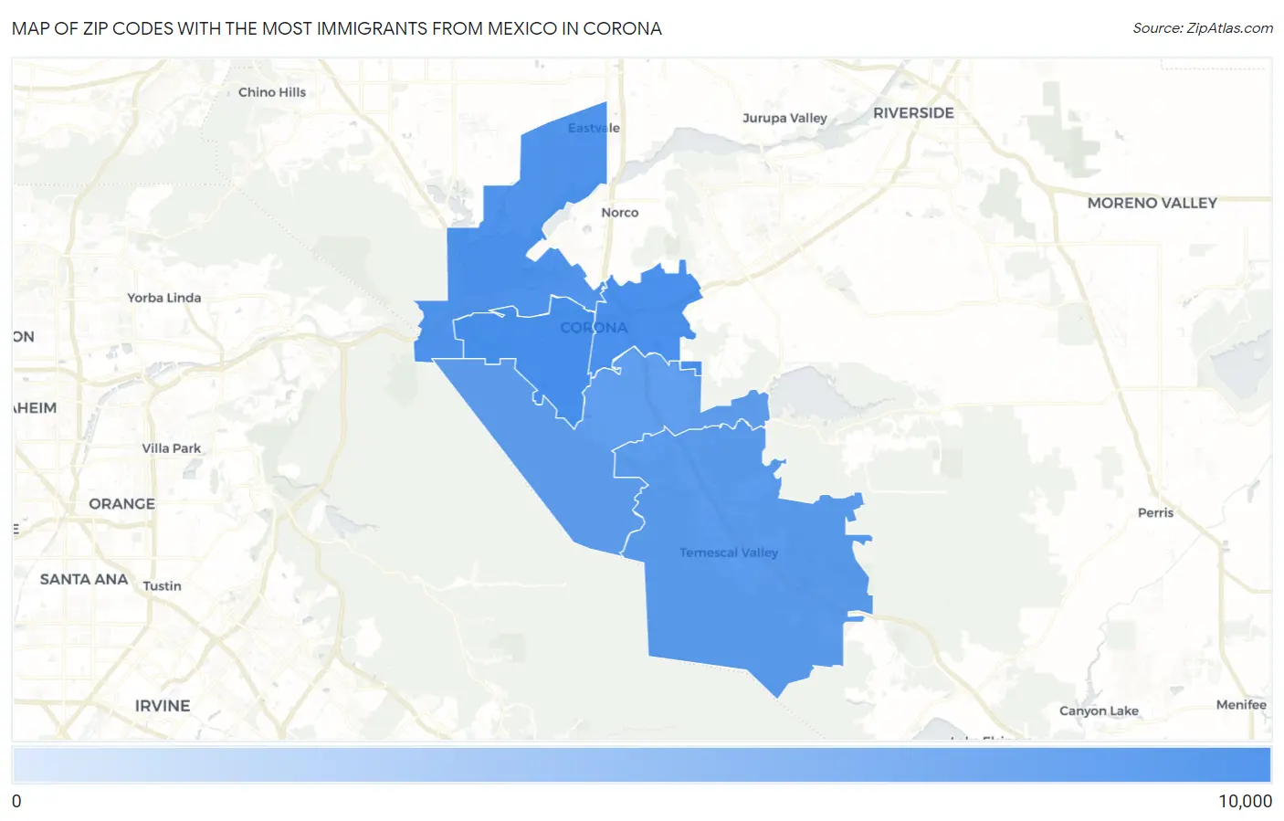 Zip Codes with the Most Immigrants from Mexico in Corona Map