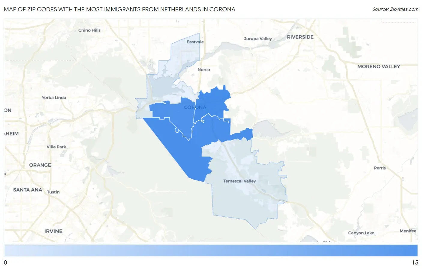 Zip Codes with the Most Immigrants from Netherlands in Corona Map