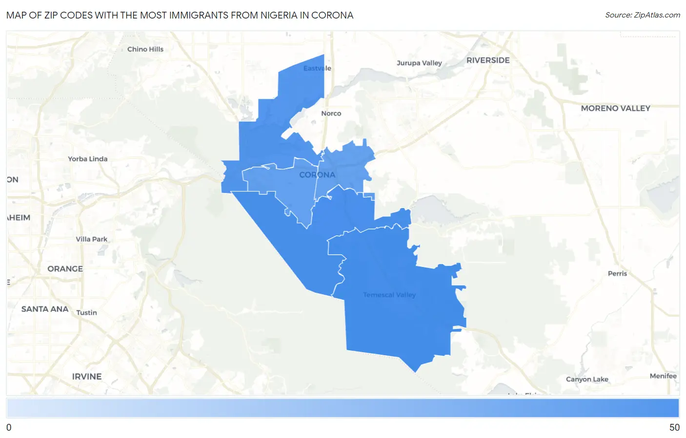 Zip Codes with the Most Immigrants from Nigeria in Corona Map
