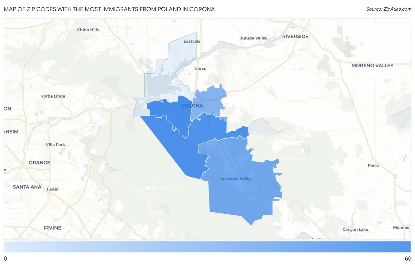 Zip Codes with the Most Immigrants from Poland in Corona Map