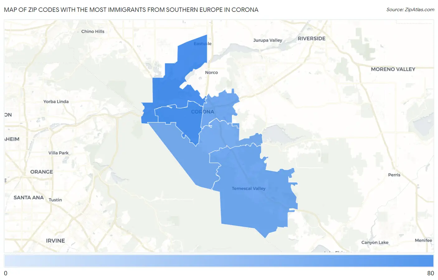 Zip Codes with the Most Immigrants from Southern Europe in Corona Map