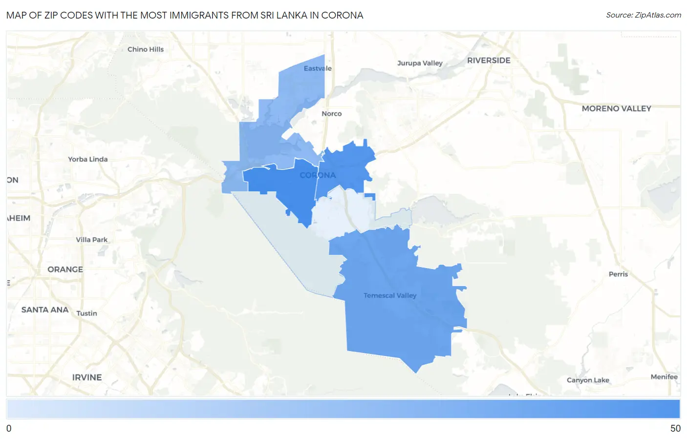 Zip Codes with the Most Immigrants from Sri Lanka in Corona Map