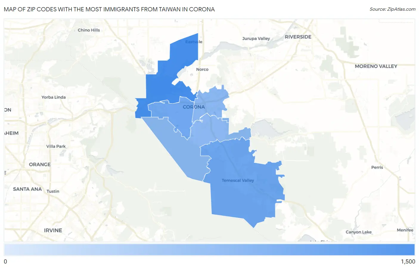 Zip Codes with the Most Immigrants from Taiwan in Corona Map