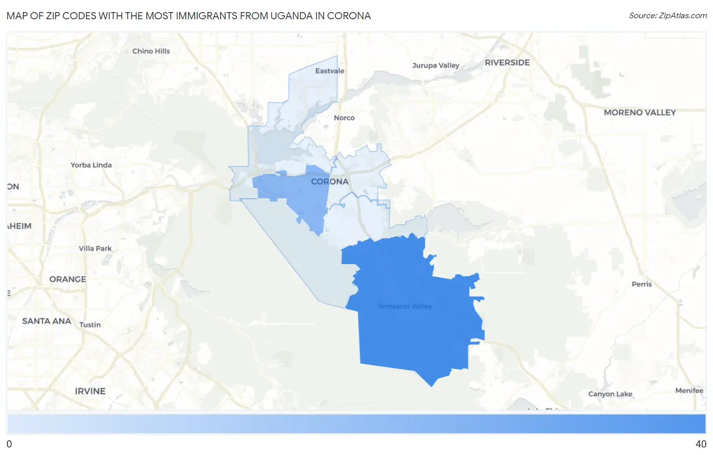 Zip Codes with the Most Immigrants from Uganda in Corona Map