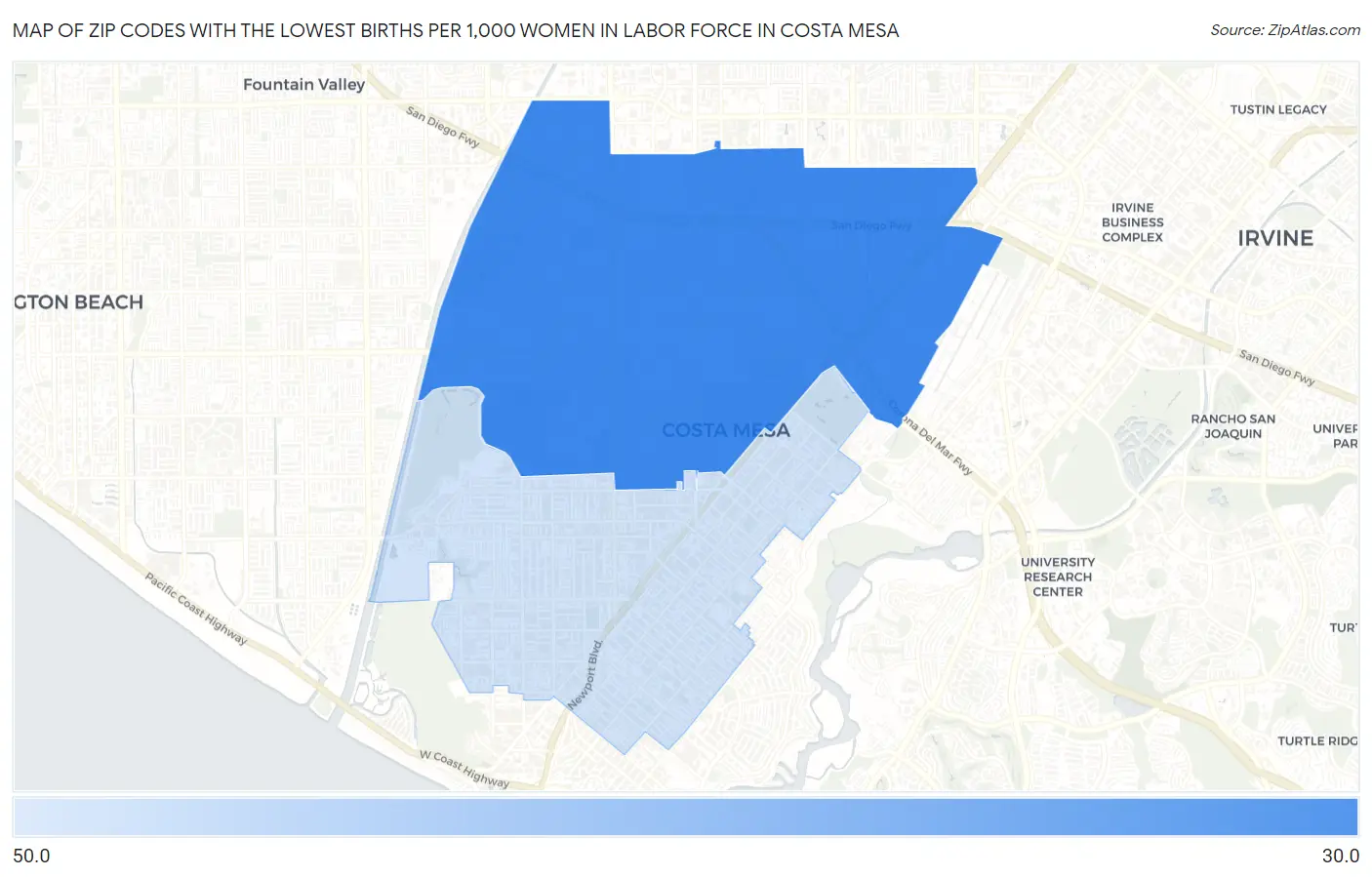 Zip Codes with the Lowest Births per 1,000 Women in Labor Force in Costa Mesa Map