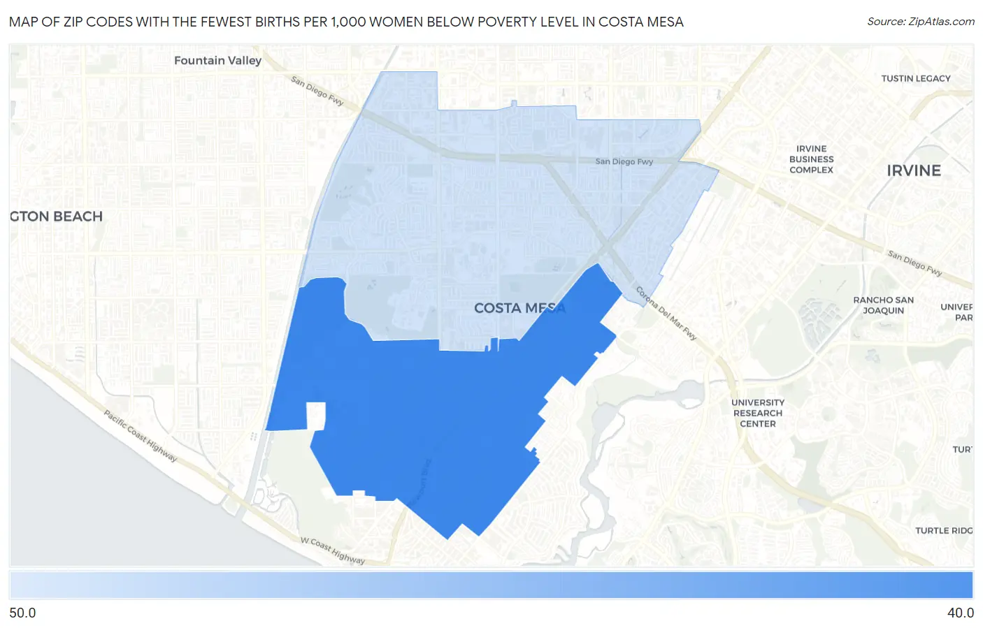 Zip Codes with the Fewest Births per 1,000 Women Below Poverty Level in Costa Mesa Map