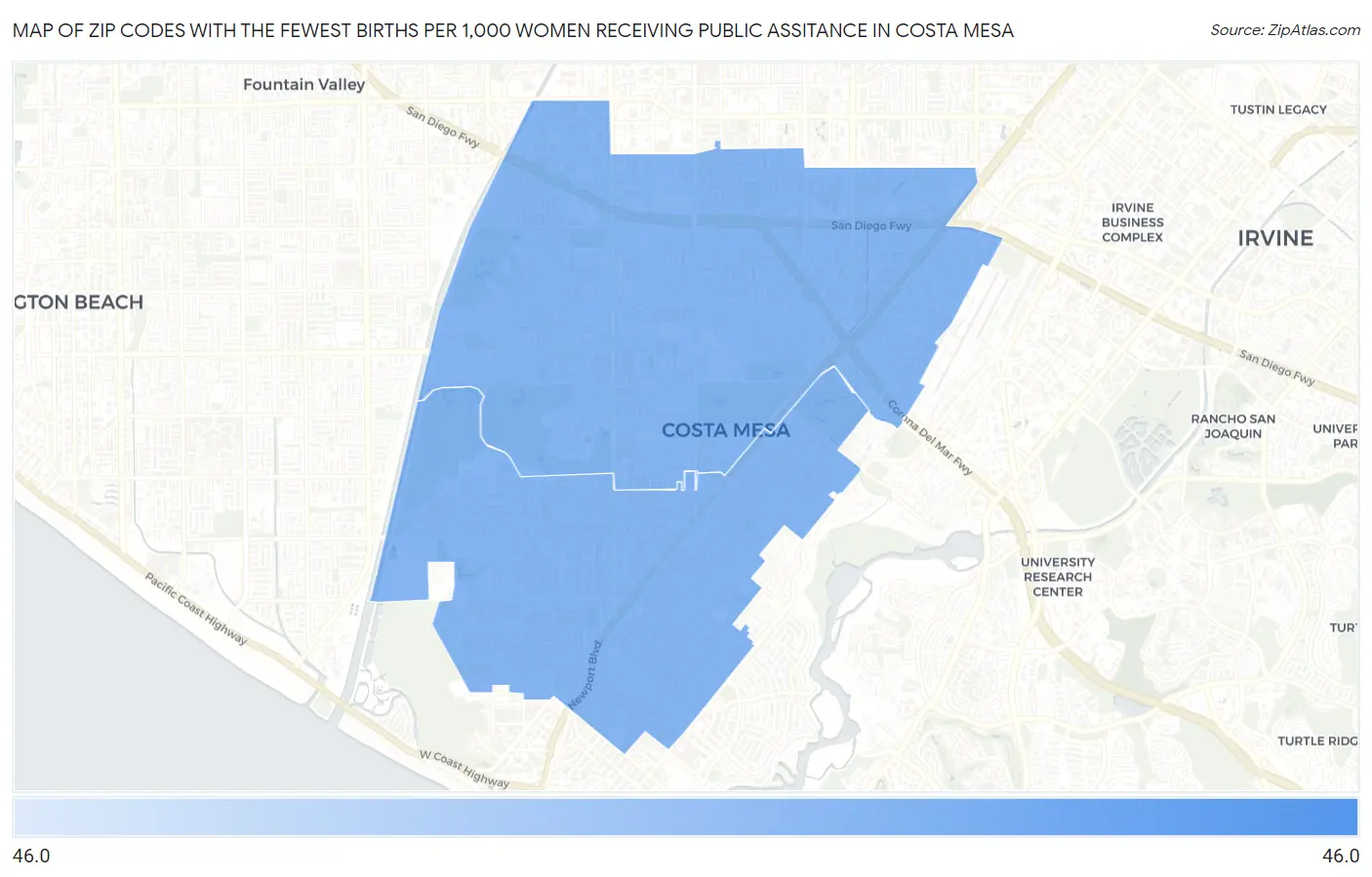 Zip Codes with the Fewest Births per 1,000 Women Receiving Public Assitance in Costa Mesa Map