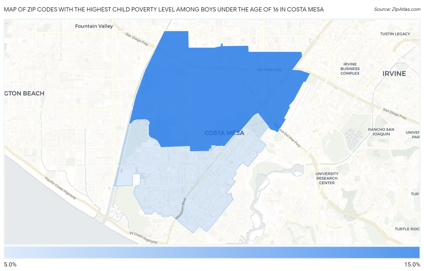 Zip Codes with the Highest Child Poverty Level Among Boys Under the Age of 16 in Costa Mesa Map