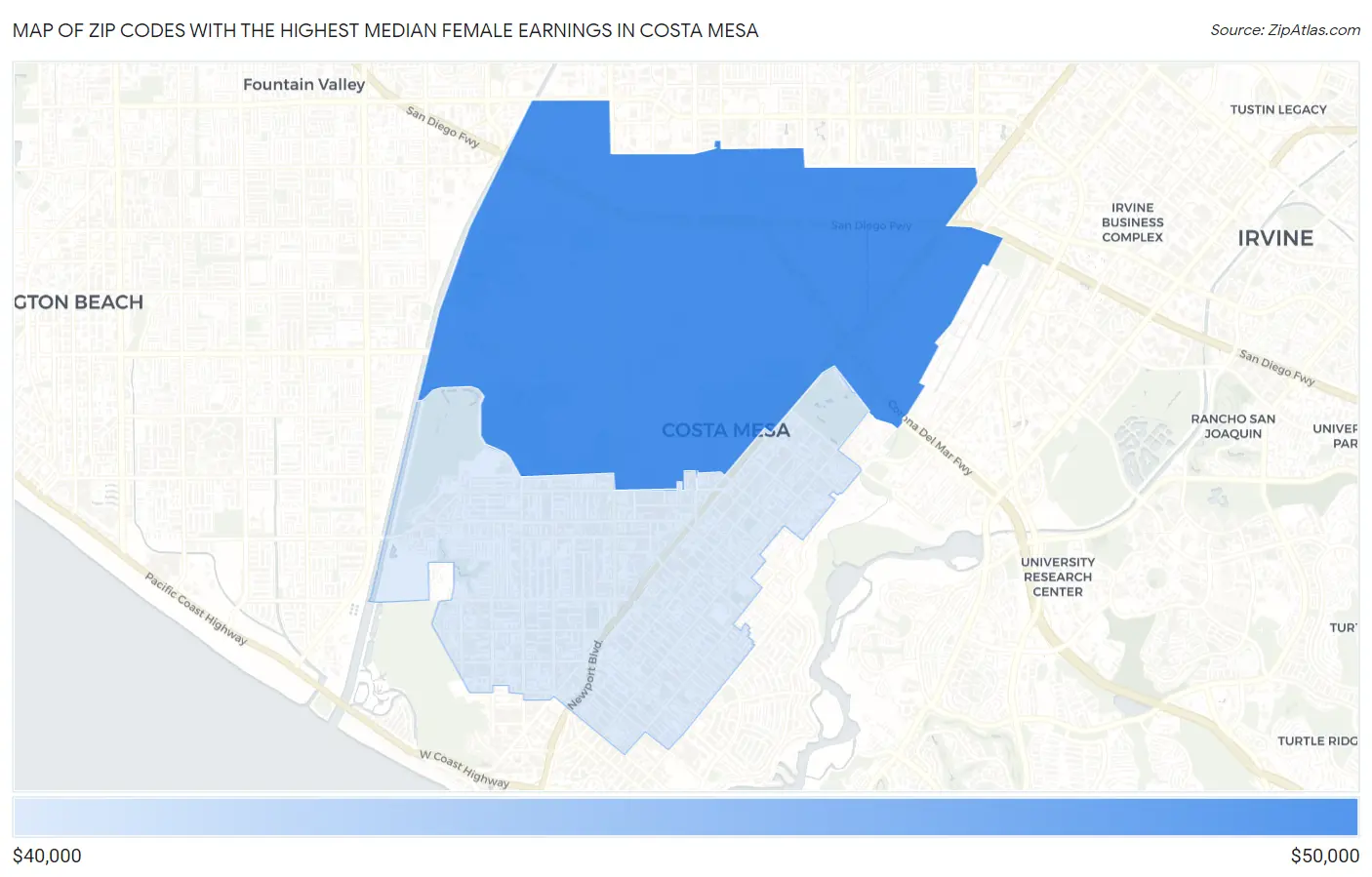 Zip Codes with the Highest Median Female Earnings in Costa Mesa Map