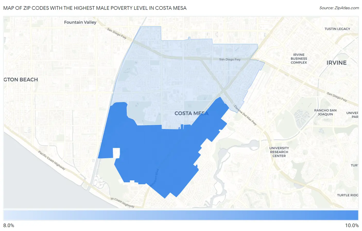 Zip Codes with the Highest Male Poverty Level in Costa Mesa Map