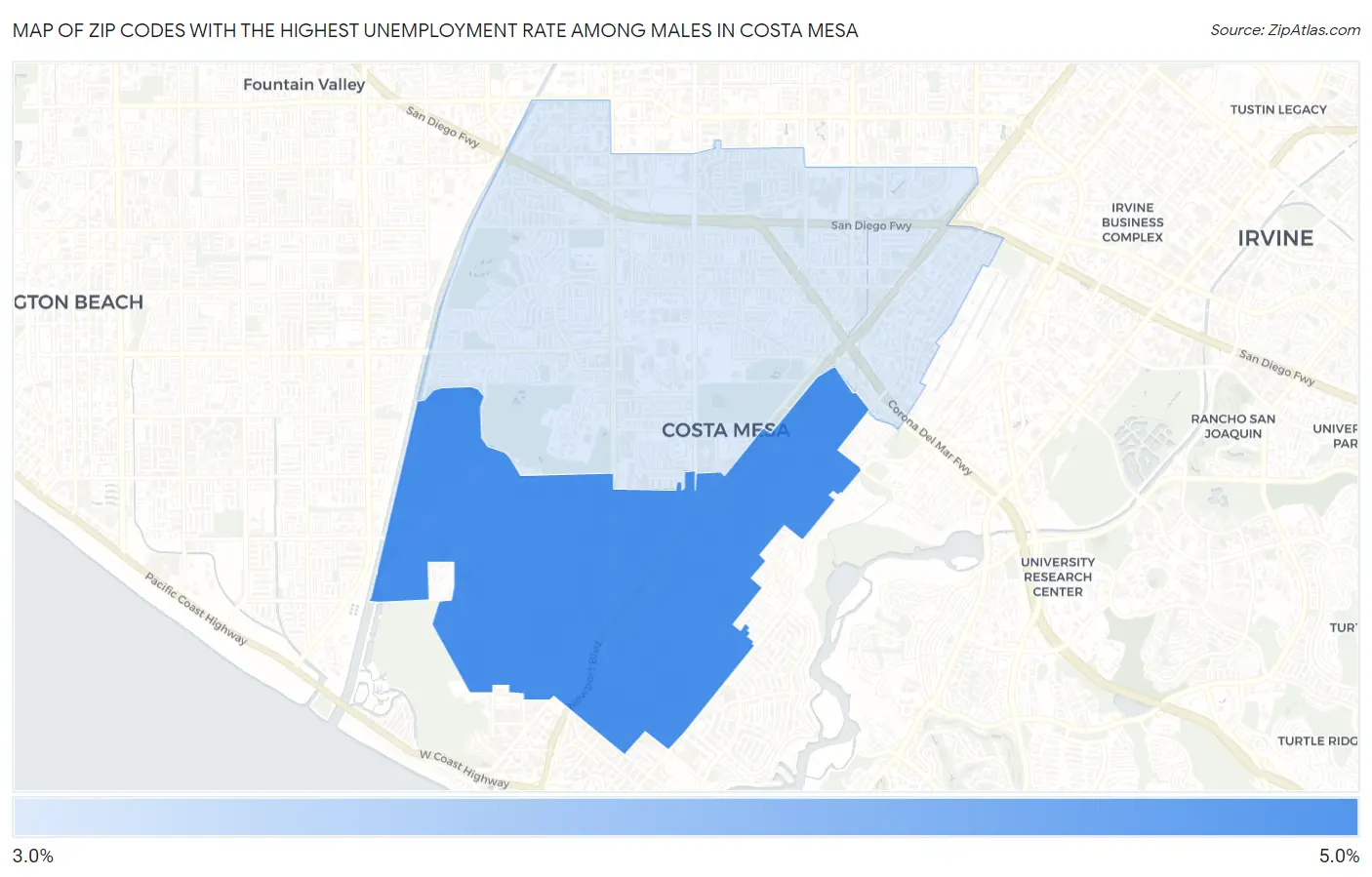 Zip Codes with the Highest Unemployment Rate Among Males in Costa Mesa Map