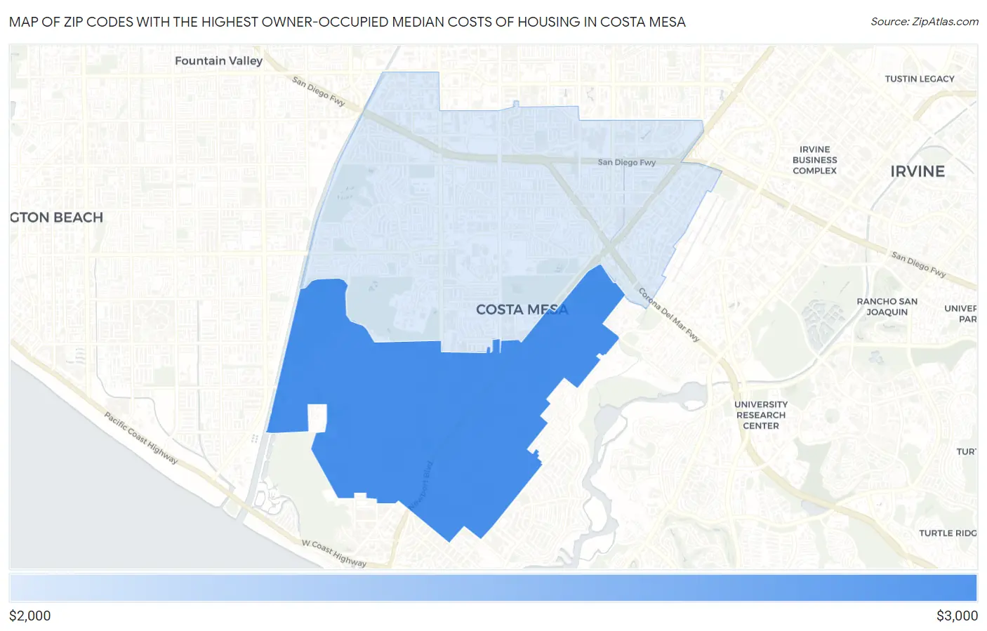 Zip Codes with the Highest Owner-Occupied Median Costs of Housing in Costa Mesa Map