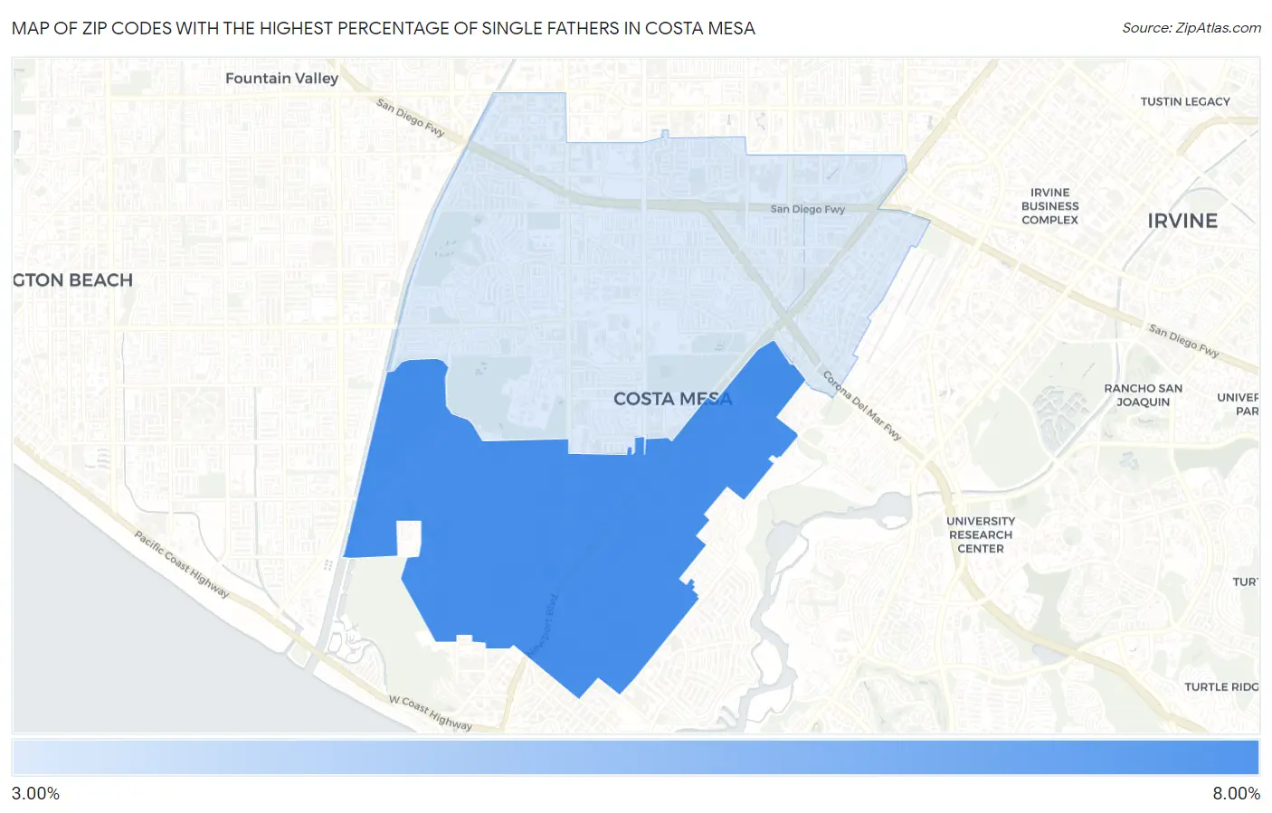 Zip Codes with the Highest Percentage of Single Fathers in Costa Mesa Map