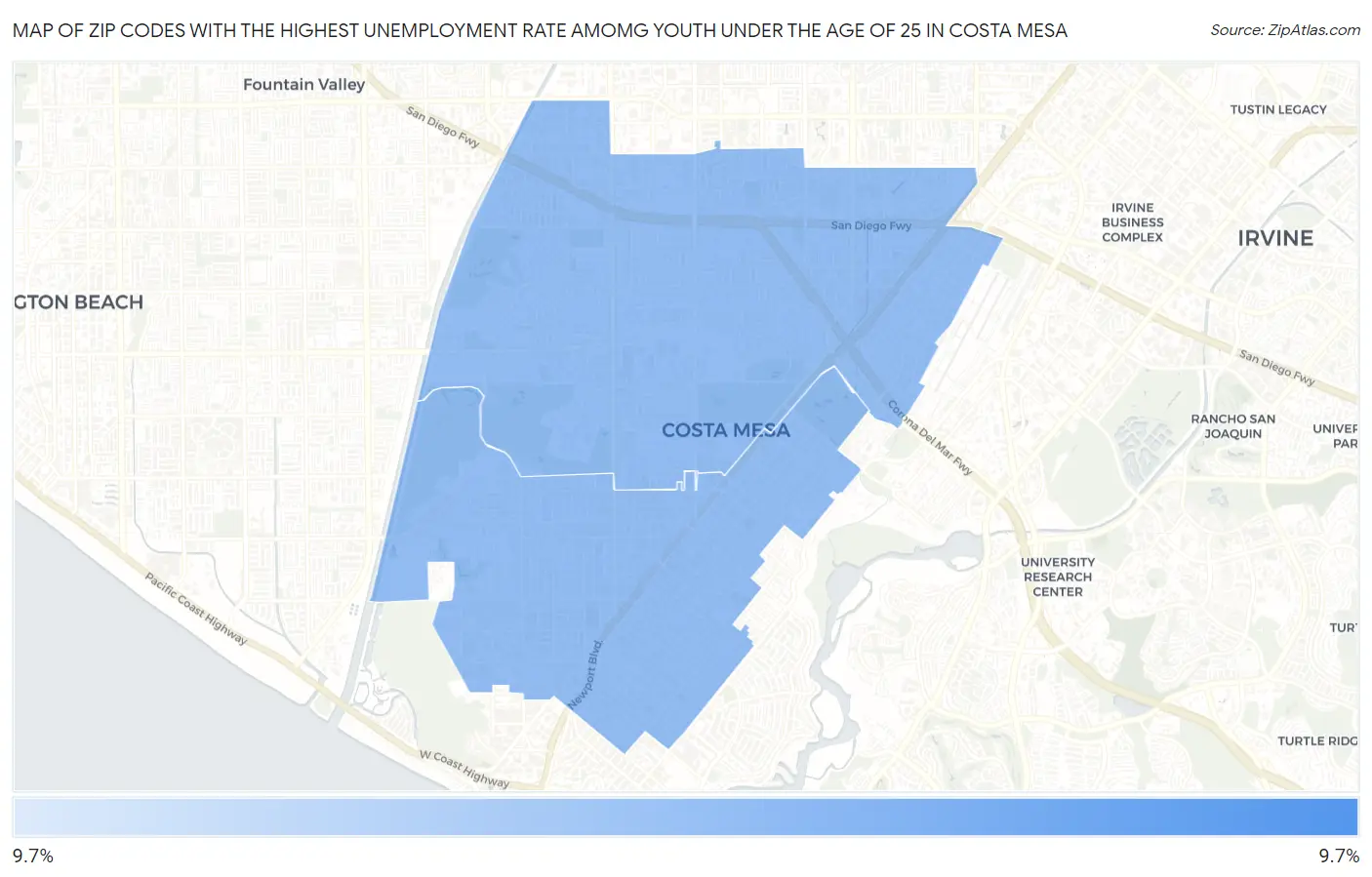 Zip Codes with the Highest Unemployment Rate Amomg Youth Under the Age of 25 in Costa Mesa Map
