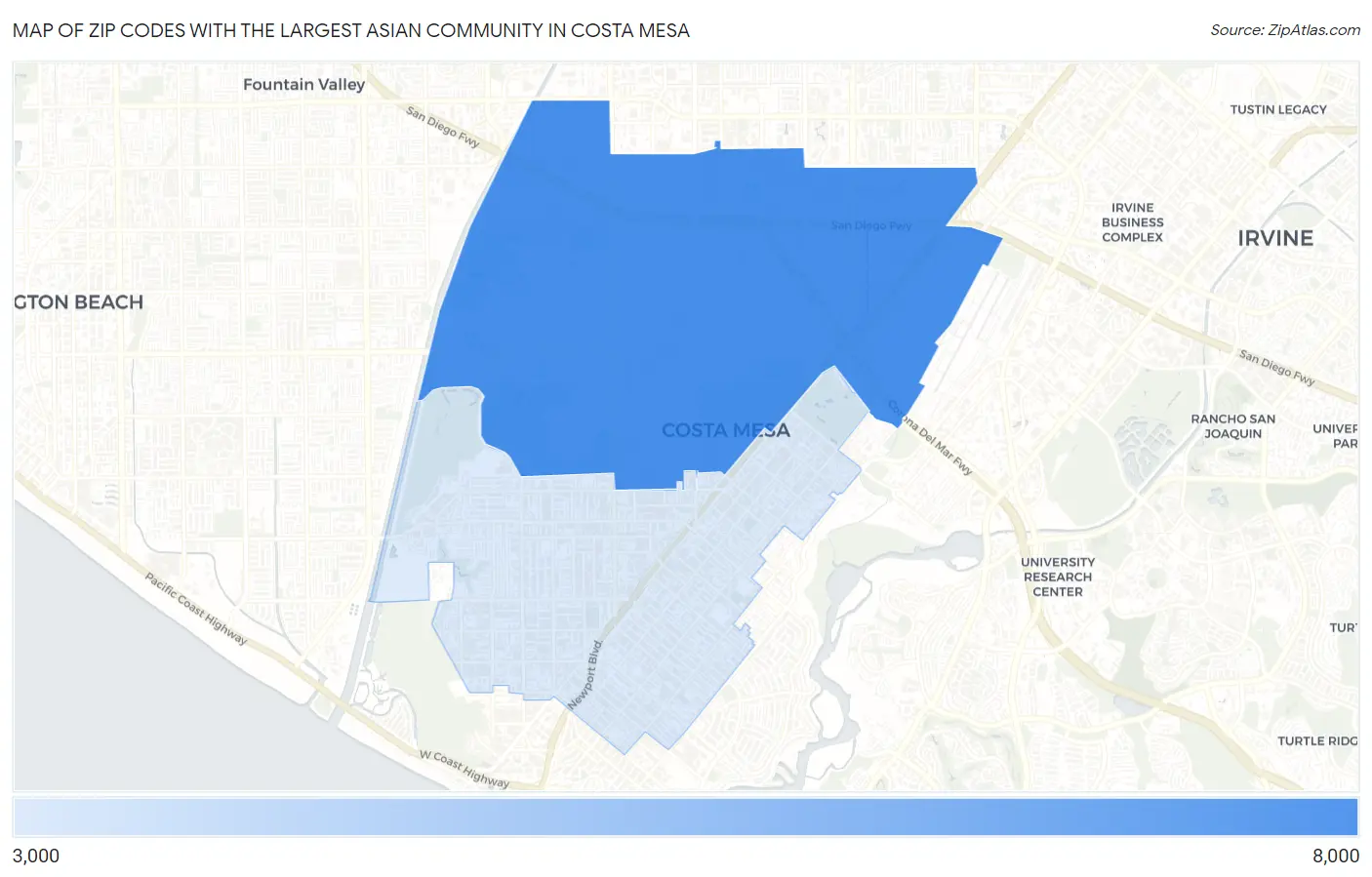 Zip Codes with the Largest Asian Community in Costa Mesa Map