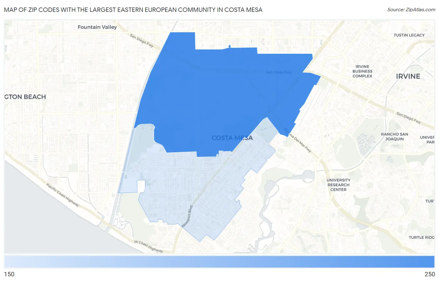 Zip Codes with the Largest Eastern European Community in Costa Mesa Map
