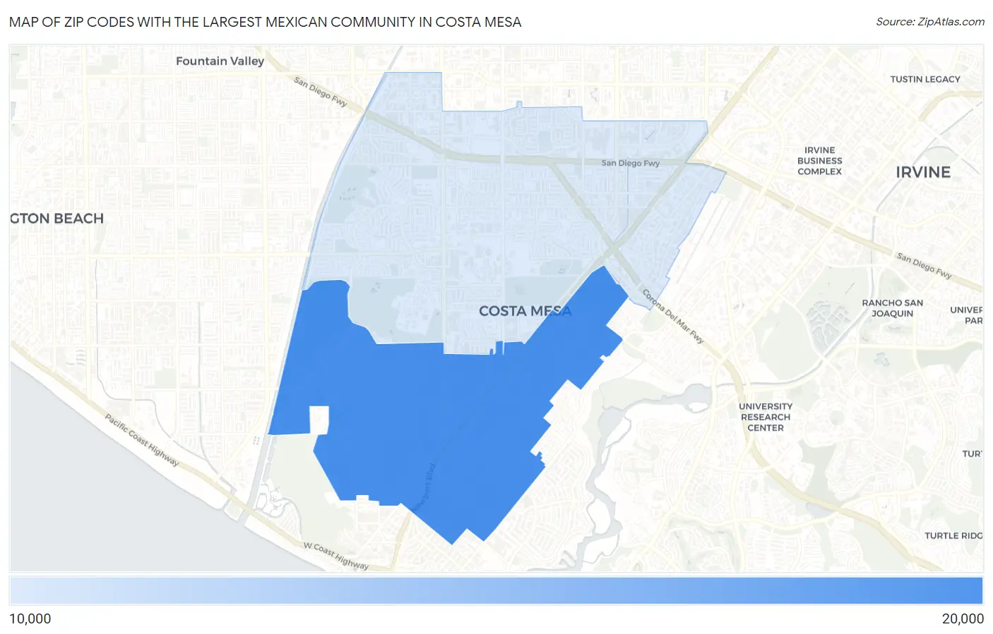 Zip Codes with the Largest Mexican Community in Costa Mesa Map