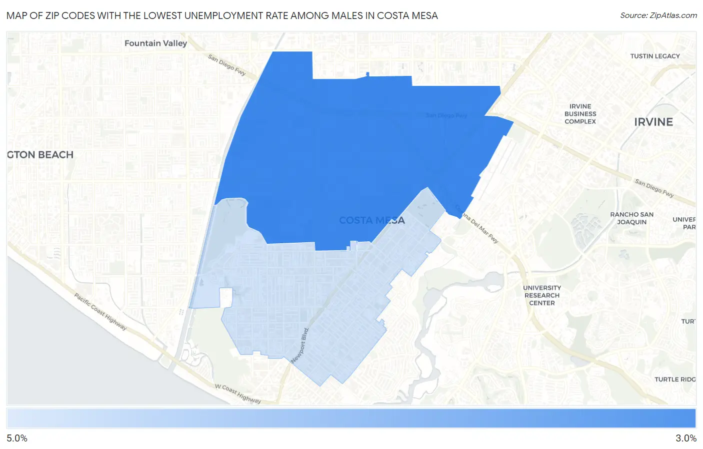 Zip Codes with the Lowest Unemployment Rate Among Males in Costa Mesa Map