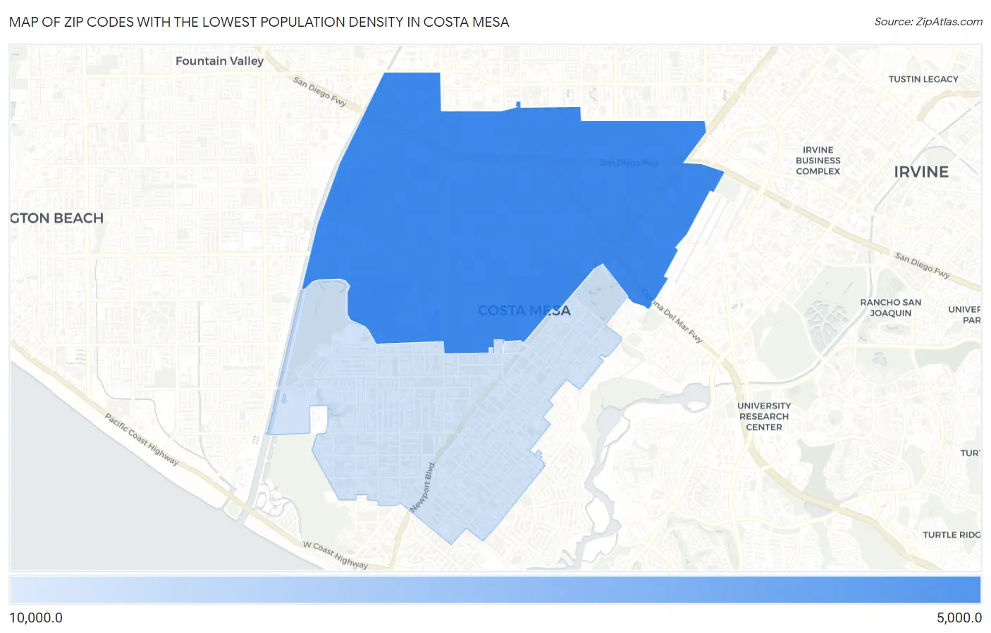 Zip Codes with the Lowest Population Density in Costa Mesa Map