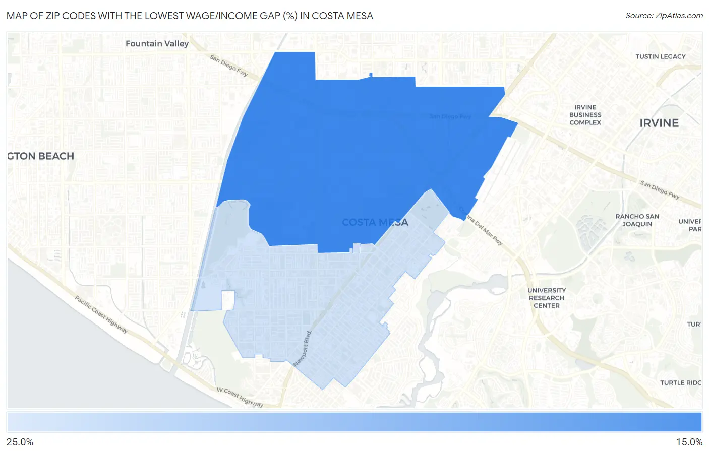 Zip Codes with the Lowest Wage/Income Gap (%) in Costa Mesa Map