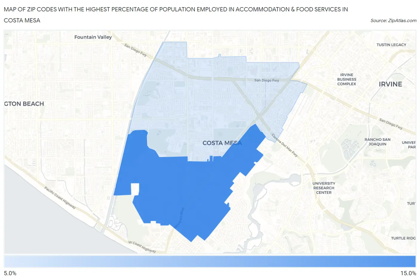 Zip Codes with the Highest Percentage of Population Employed in Accommodation & Food Services in Costa Mesa Map