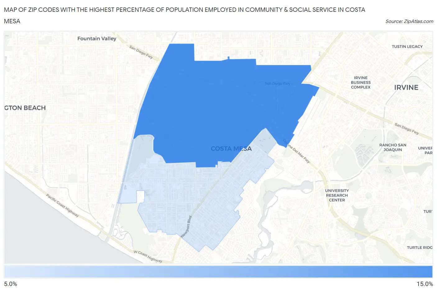 Zip Codes with the Highest Percentage of Population Employed in Community & Social Service  in Costa Mesa Map