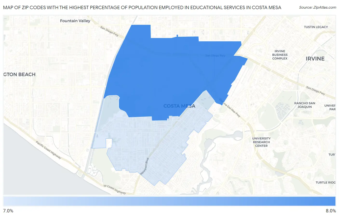Zip Codes with the Highest Percentage of Population Employed in Educational Services in Costa Mesa Map