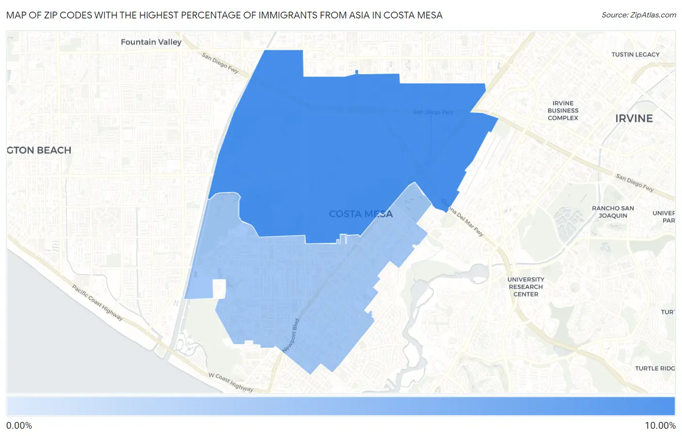 Zip Codes with the Highest Percentage of Immigrants from Asia in Costa Mesa Map