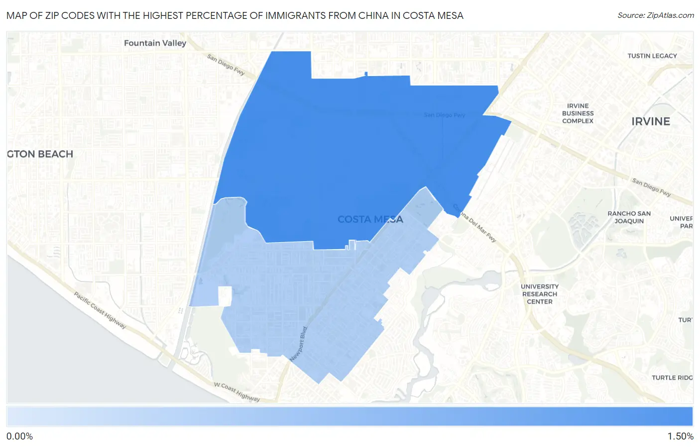 Zip Codes with the Highest Percentage of Immigrants from China in Costa Mesa Map