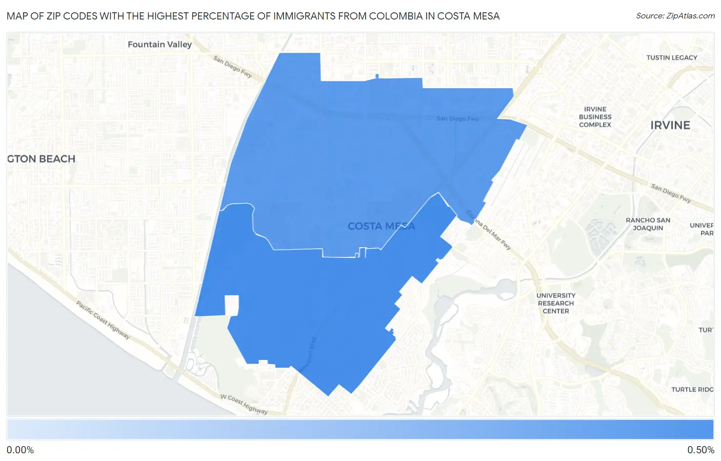 Zip Codes with the Highest Percentage of Immigrants from Colombia in Costa Mesa Map