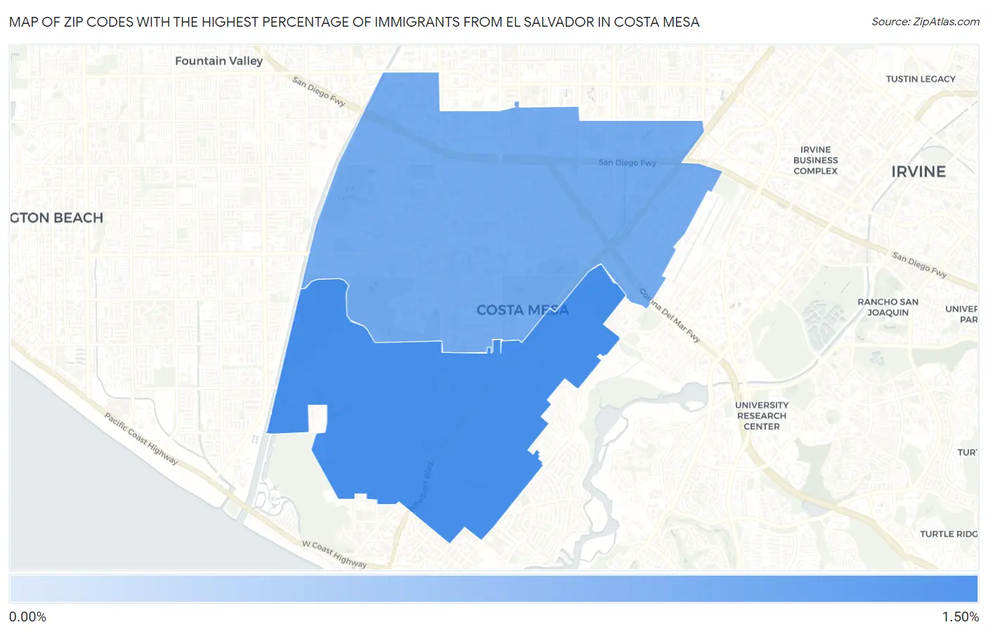 Zip Codes with the Highest Percentage of Immigrants from El Salvador in Costa Mesa Map