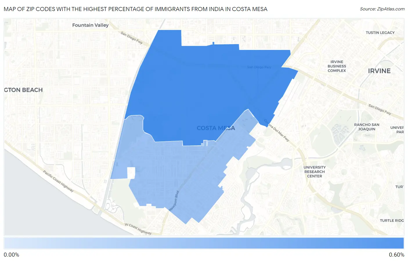 Zip Codes with the Highest Percentage of Immigrants from India in Costa Mesa Map