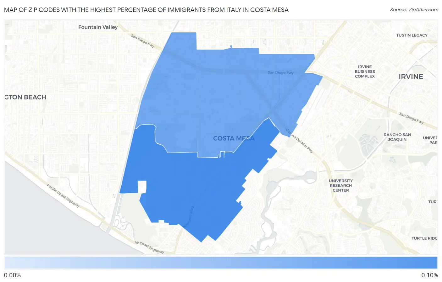 Zip Codes with the Highest Percentage of Immigrants from Italy in Costa Mesa Map