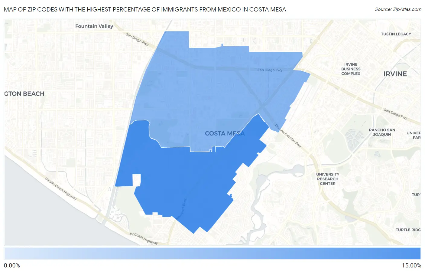 Zip Codes with the Highest Percentage of Immigrants from Mexico in Costa Mesa Map
