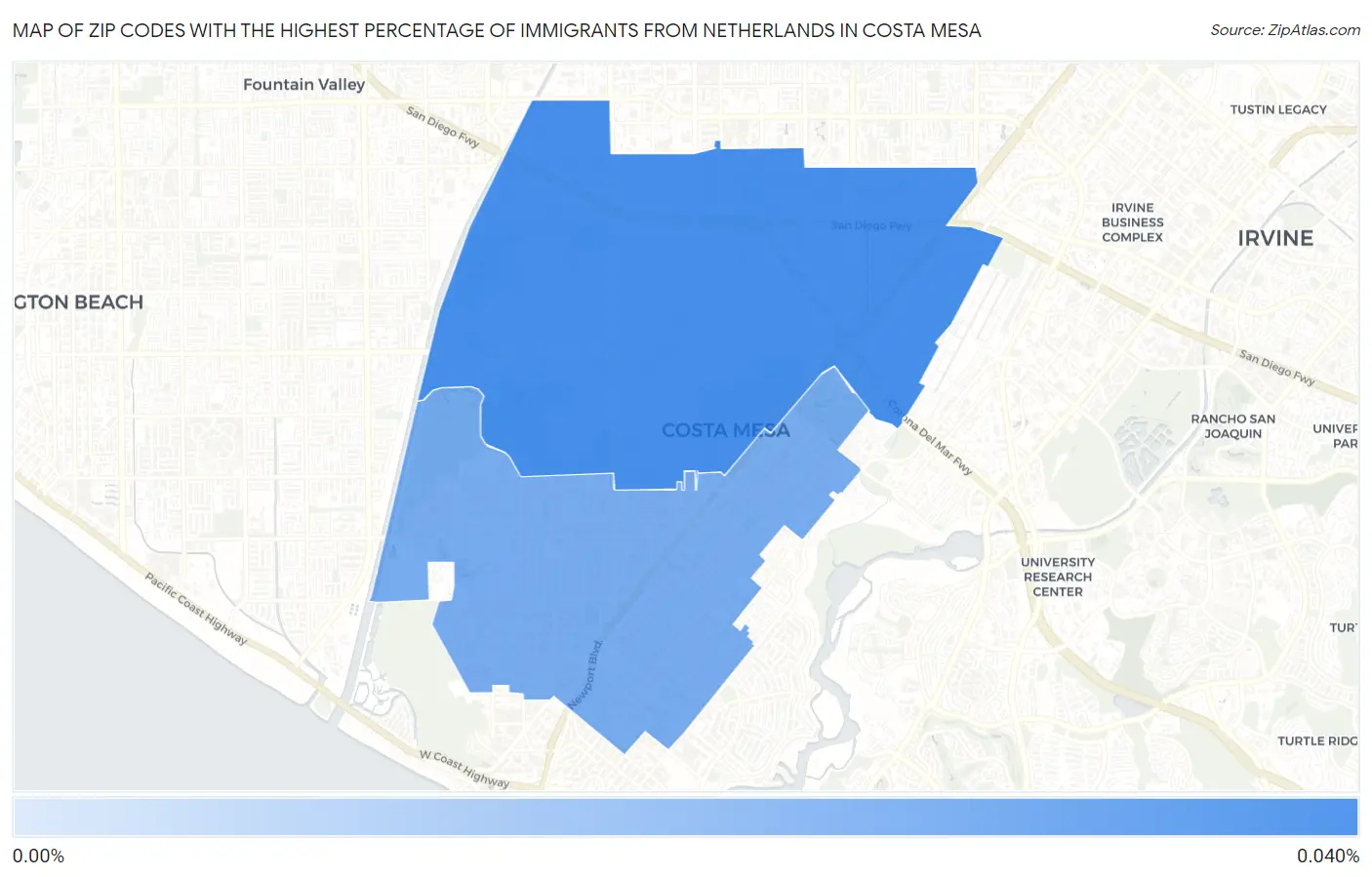 Zip Codes with the Highest Percentage of Immigrants from Netherlands in Costa Mesa Map