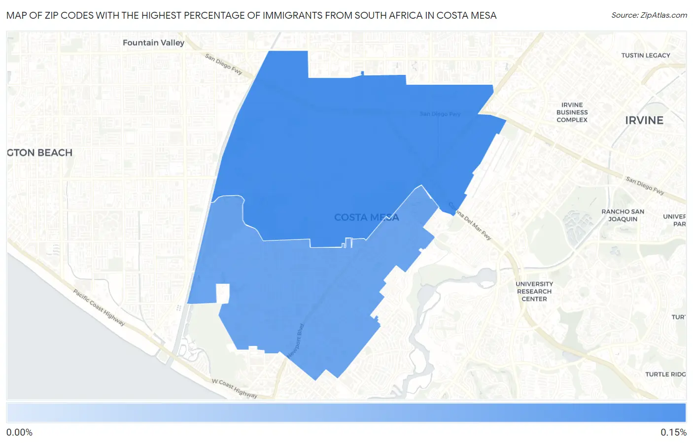 Zip Codes with the Highest Percentage of Immigrants from South Africa in Costa Mesa Map