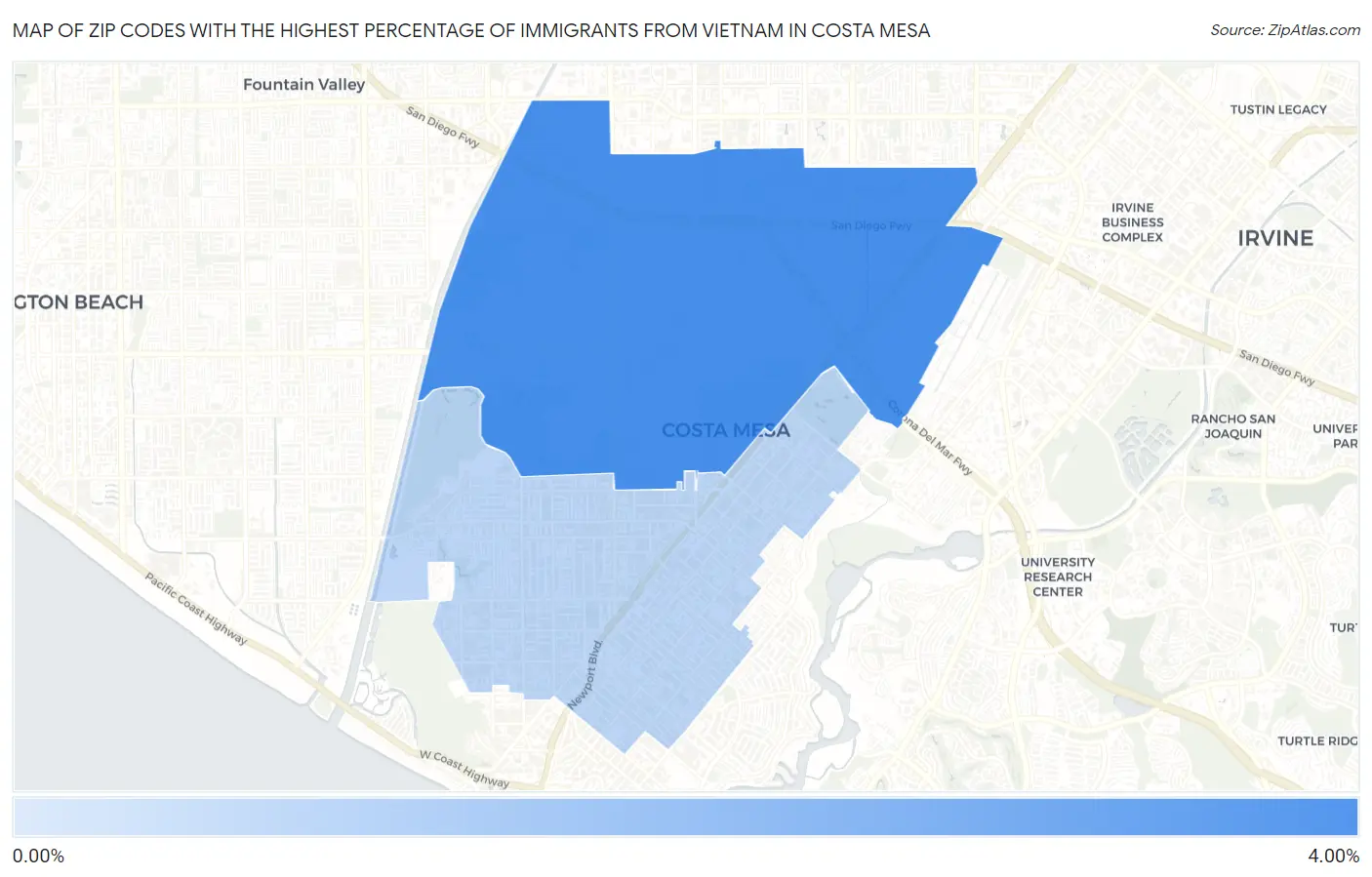 Zip Codes with the Highest Percentage of Immigrants from Vietnam in Costa Mesa Map