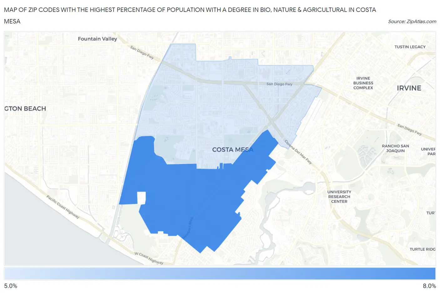 Zip Codes with the Highest Percentage of Population with a Degree in Bio, Nature & Agricultural in Costa Mesa Map