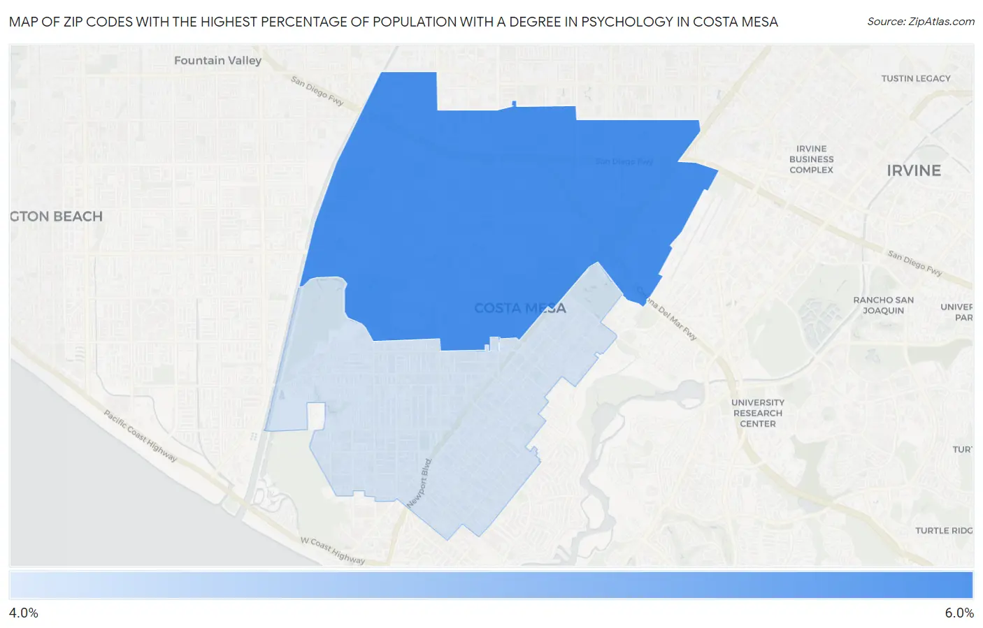 Zip Codes with the Highest Percentage of Population with a Degree in Psychology in Costa Mesa Map