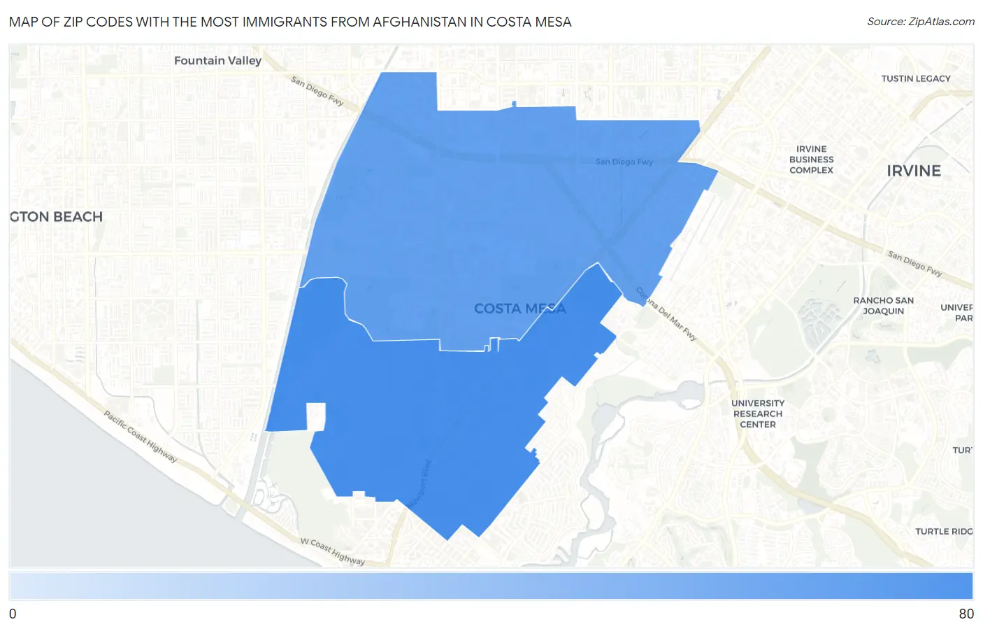 Zip Codes with the Most Immigrants from Afghanistan in Costa Mesa Map
