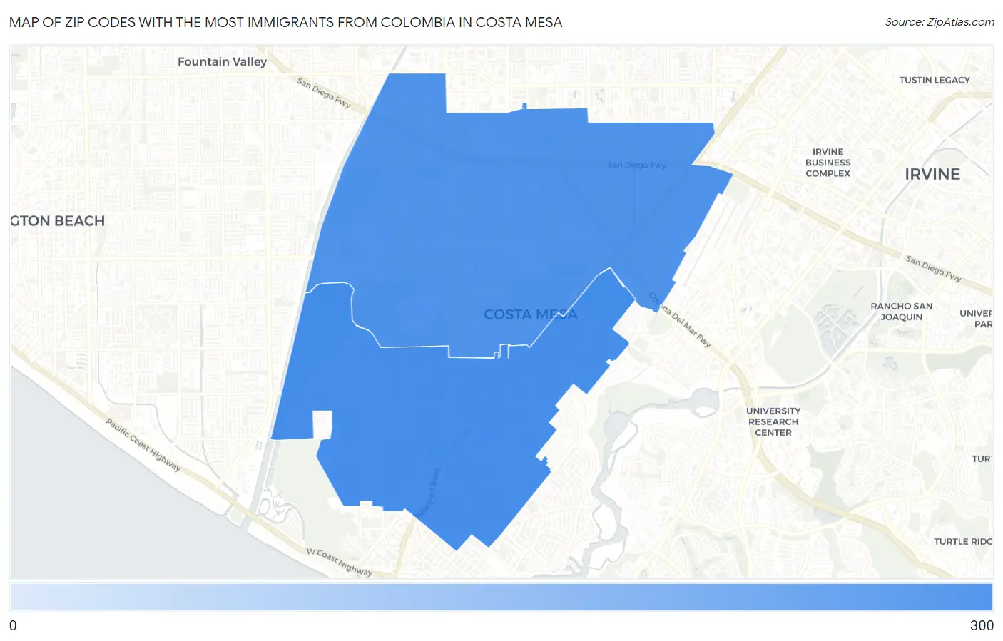 Zip Codes with the Most Immigrants from Colombia in Costa Mesa Map