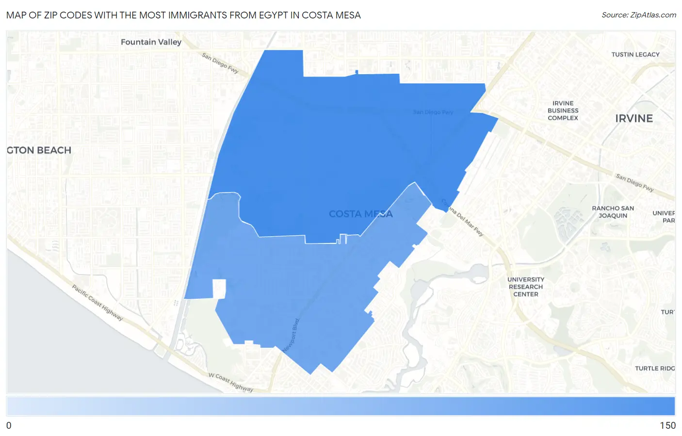 Zip Codes with the Most Immigrants from Egypt in Costa Mesa Map