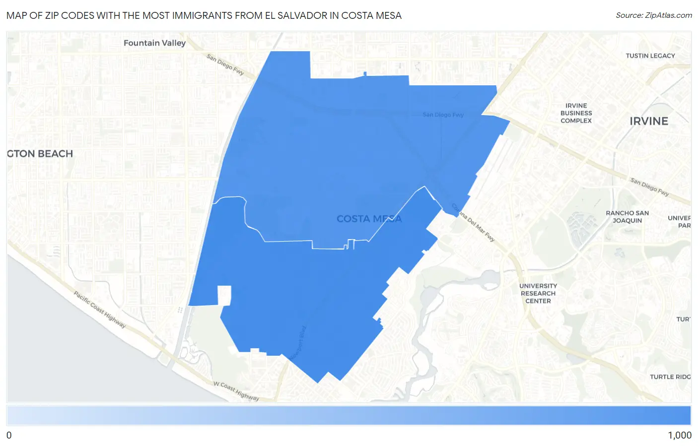 Zip Codes with the Most Immigrants from El Salvador in Costa Mesa Map