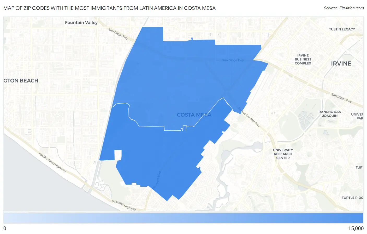 Zip Codes with the Most Immigrants from Latin America in Costa Mesa Map