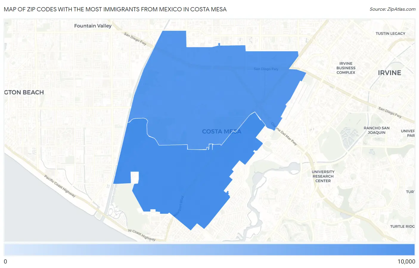Zip Codes with the Most Immigrants from Mexico in Costa Mesa Map