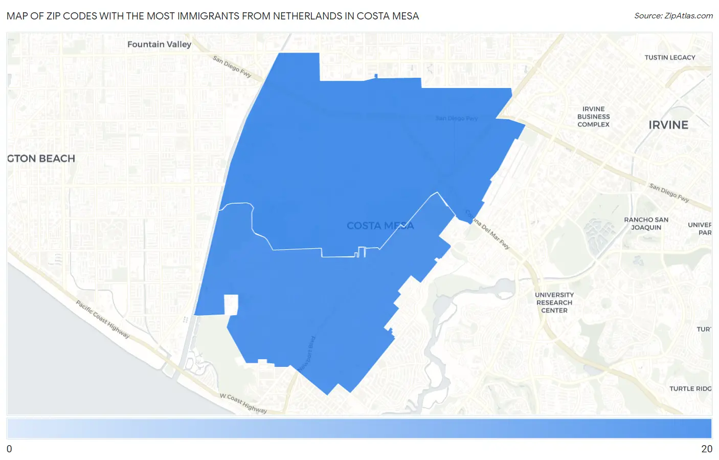 Zip Codes with the Most Immigrants from Netherlands in Costa Mesa Map